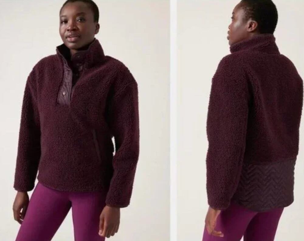 Athleta Cozy Sherpa Snap Sweatshirt Fleece Pullover Jacket XS Burgundy